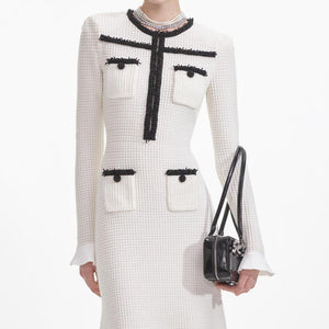 SELF PORTRAIT SS24 White Knit Contrast Trim Midi Dress