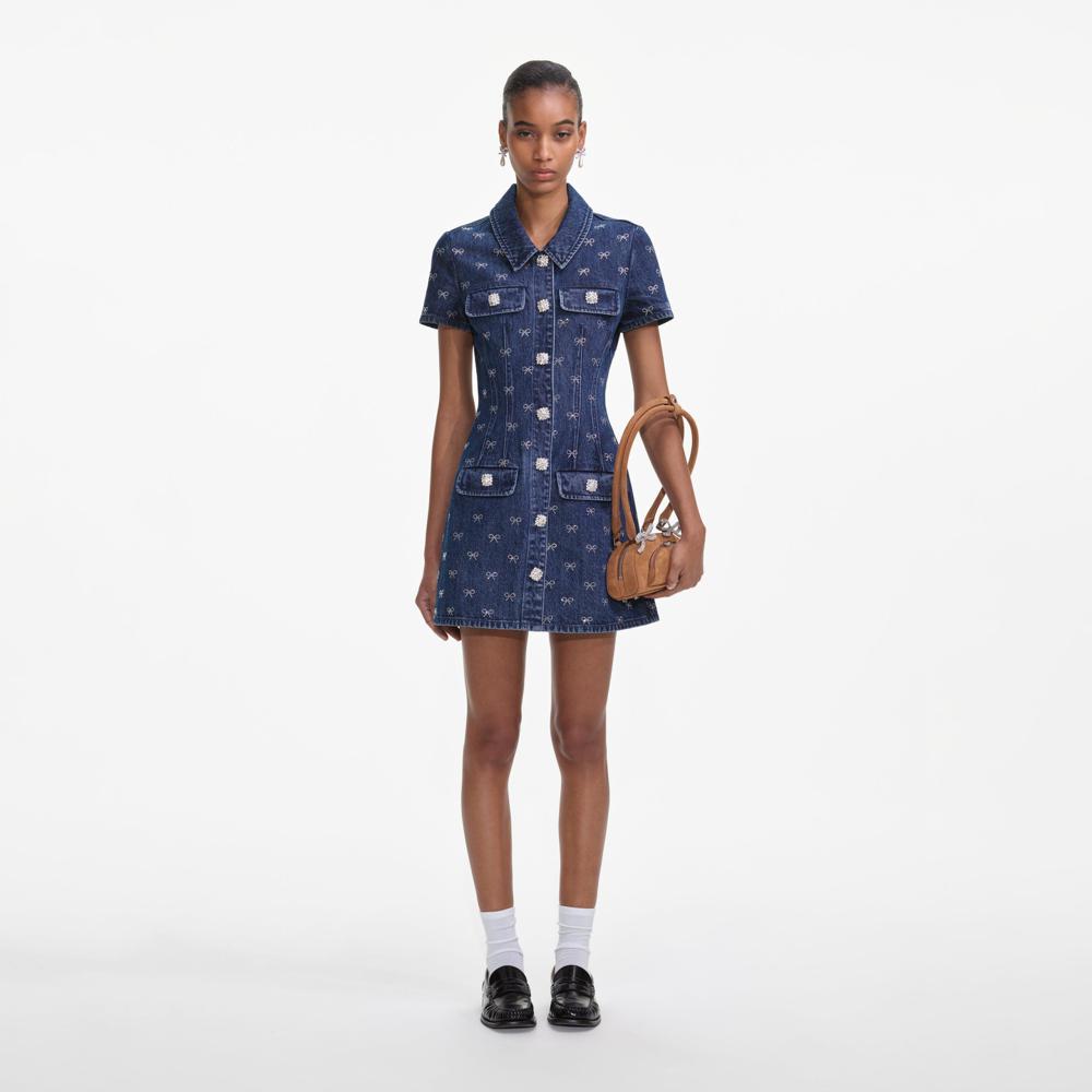SP VIP PRICE Denim Diamante Bow Collared Mini Dress