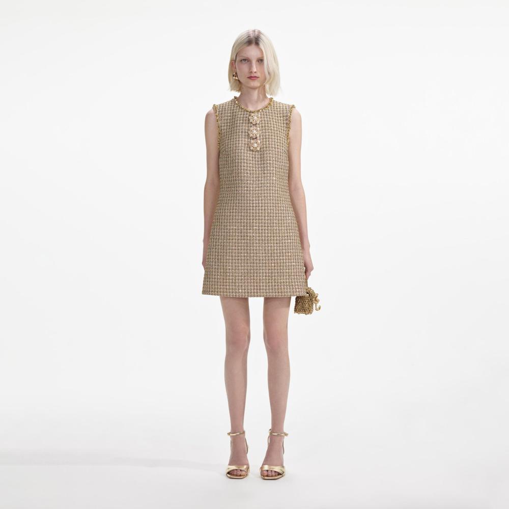 SELF PORTRAIT VIP SS24 Gold Boucle Embellished Mini Dress