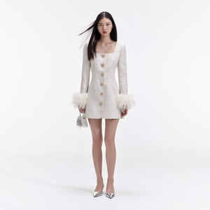 SELF PORTRAIT BLACK FRIDAY SALE Cream Boucle Feather Mini Dress