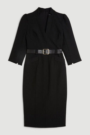 Karen Millen UK SALE Compact Stretch Tailored Forever Belted Midi Dress - black