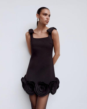 SP VIP PRICE Black Crepe 3D Flower Mini Dress