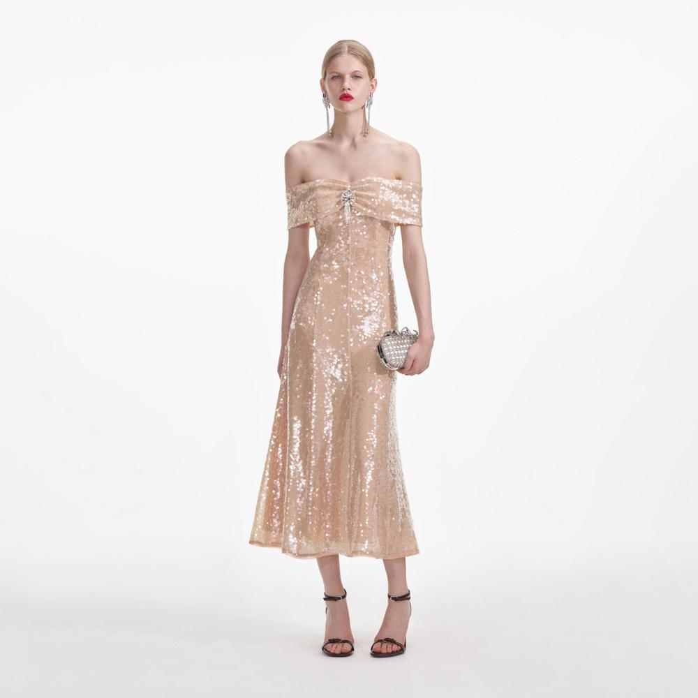 SELF PORTRAIT SS24 Gold Sequin Off Shoulder Midi Dress