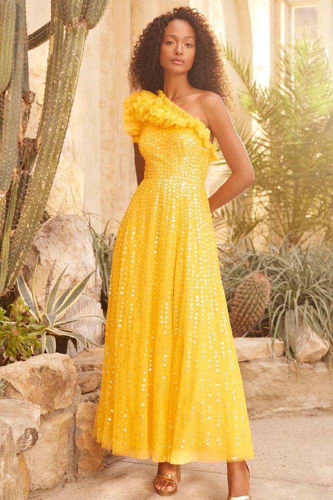 Needle & Thread CYBER SALE Raindrop One-Shoulder Ankle Gown - yellow