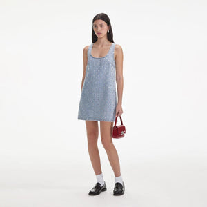 SELF PORTRAIT SS24 Square Rhinestone Denim Mini Dress