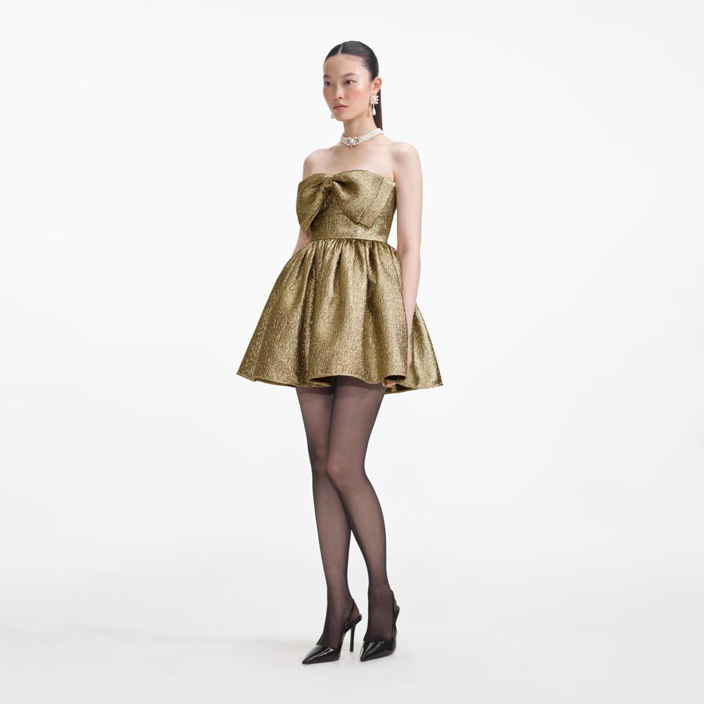 SELF PORTRAIT SS24 Gold Metallic Jacquard Mini Dress