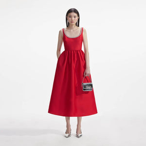 SELF PORTRAIT SS24 Red Taffeta Diamante Midi Dress