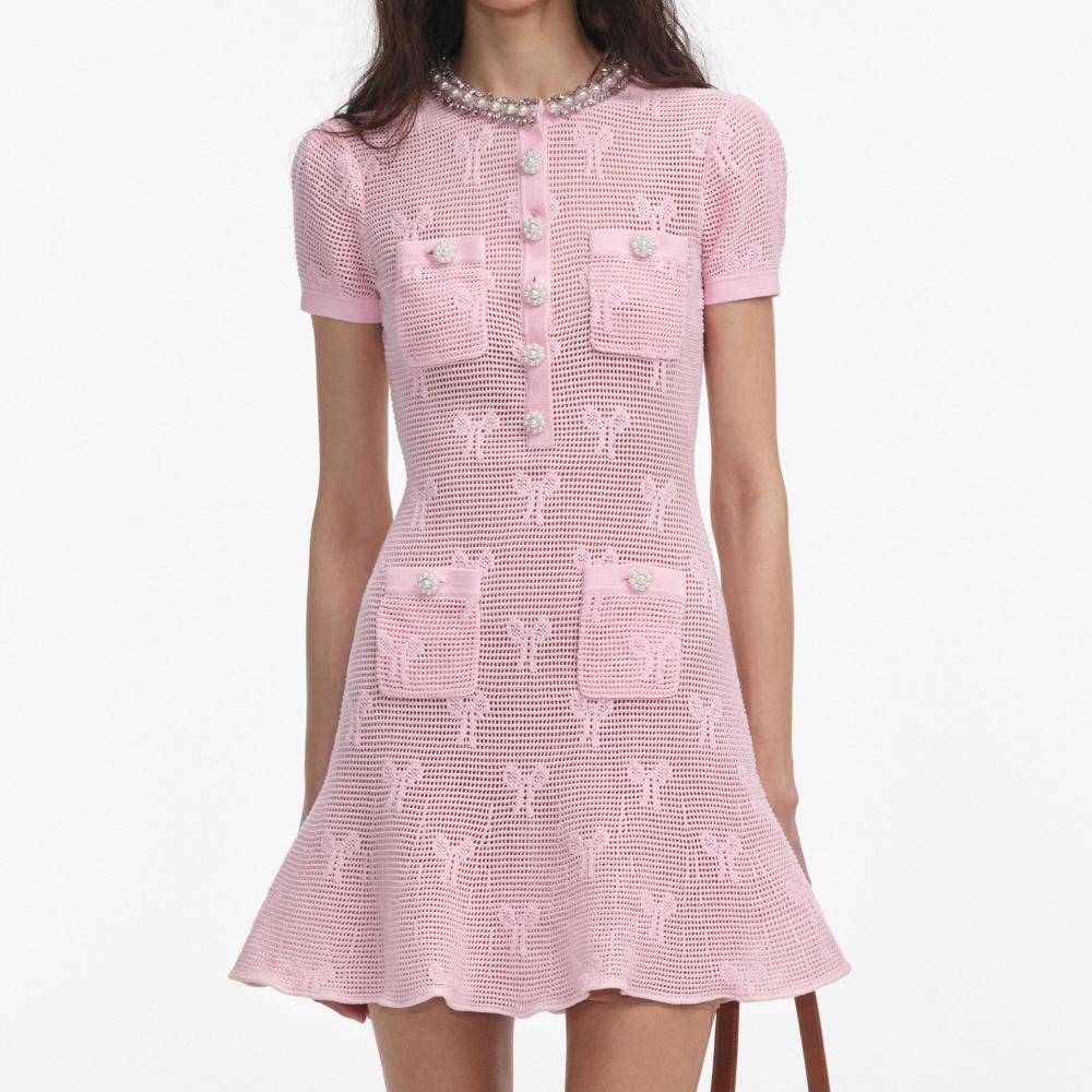 SP VIP PRICE Pink Bow Crochet Crystal Trim Mini Dress