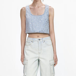 SELF PORTRAIT SS24 Square Rhinestone Denim Top