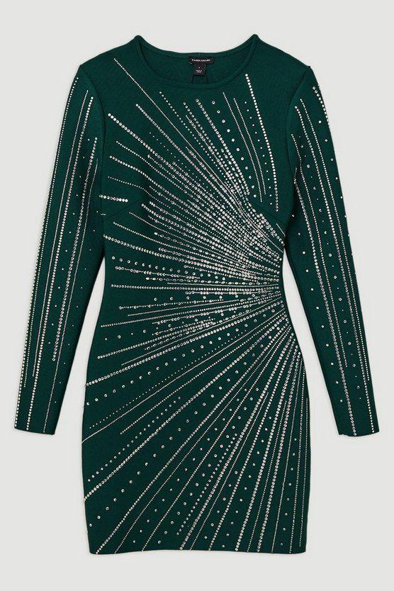 Karen Millen UK SALE Figure Form Bandage Knit All Over Embellished Mini Dress - teal