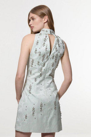 Karen Millen UK SALE Texture Jacquard Crystal Embellished High Neck Woven Mini Dress - sage