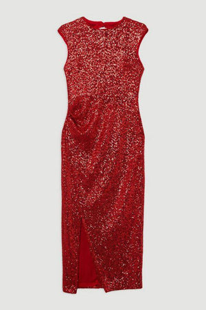 Karen Millen UK SALE Stretch Sequin Midaxi Dress - red