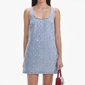 SELF PORTRAIT SS24 Square Rhinestone Denim Mini Dress