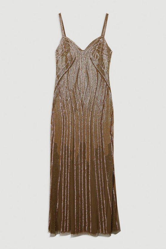 Karen Millen UK SALE Beaded Contour Sweet Heart Neckline Woven Maxi Dress - gold