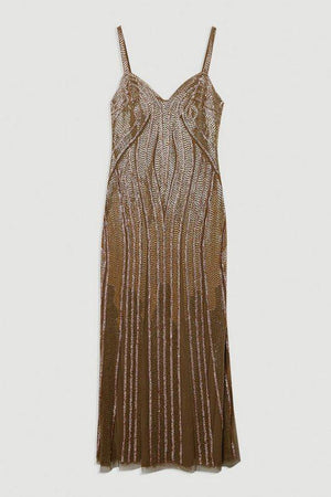 Karen Millen UK SALE Beaded Contour Sweet Heart Neckline Woven Maxi Dress - gold