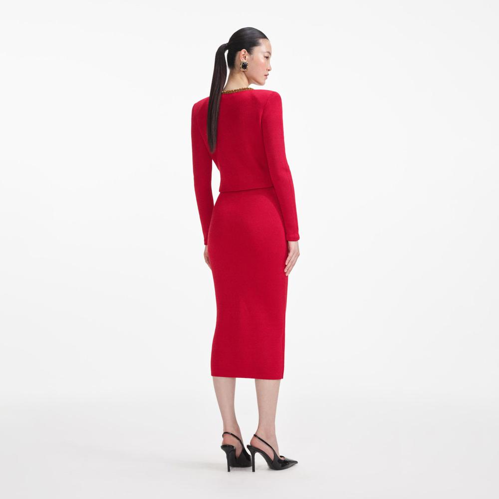 SELF PORTRAIT SS24 Red Textured Knit Corsage Midi Skirt