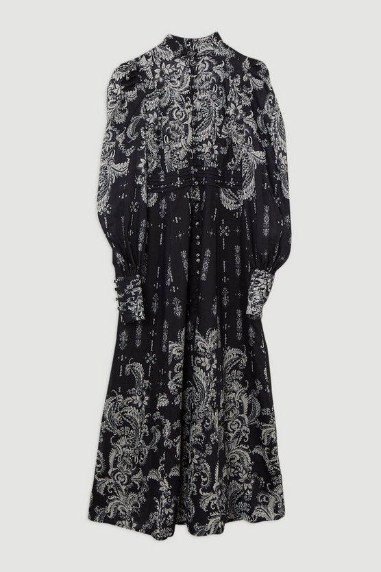 Karen Millen UK SALE Mono Floral Woven Button Up Maxi Dress