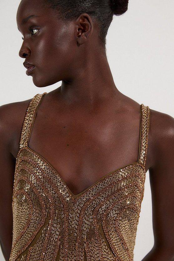 Karen Millen UK SALE Beaded Contour Sweet Heart Neckline Woven Maxi Dress - gold