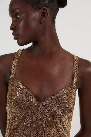 Karen Millen UK SALE Beaded Contour Sweet Heart Neckline Woven Maxi Dress - gold