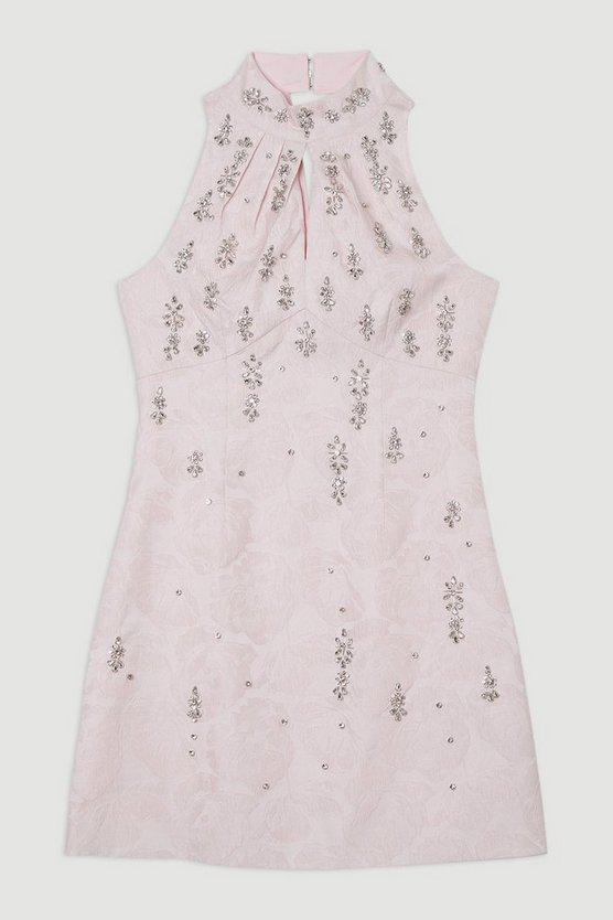 Karen Millen UK SALE Texture Jacquard Crystal Embellished High Neck Woven Mini Dress - pink