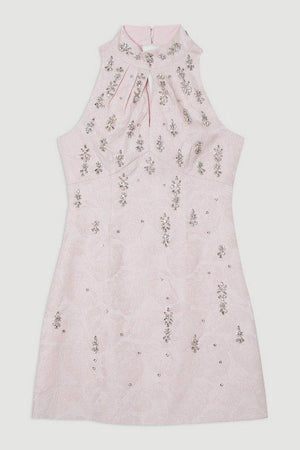 Karen Millen UK SALE Texture Jacquard Crystal Embellished High Neck Woven Mini Dress - pink