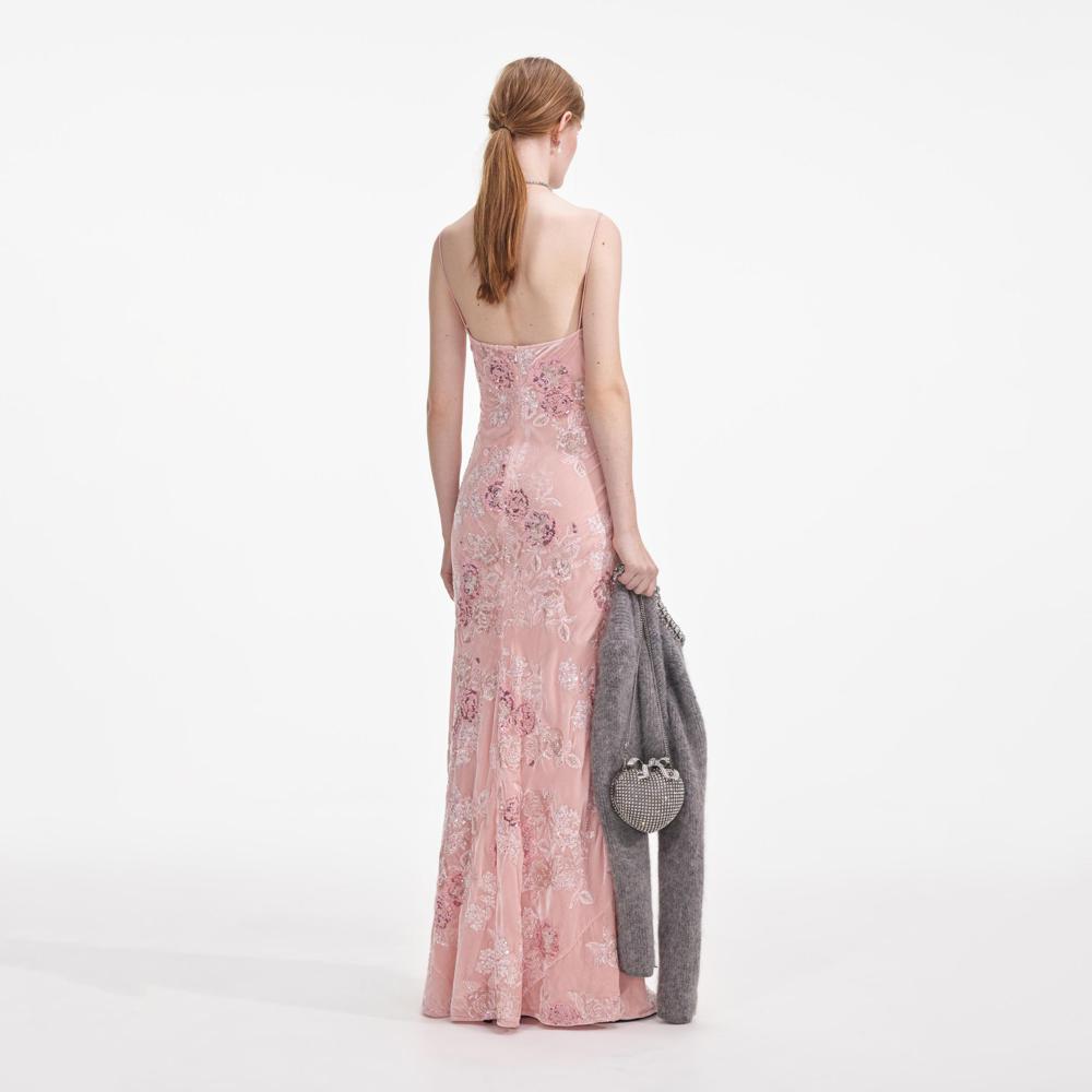 SELF PORTRAIT SS24 Pink Embellished Velvet Maxi Dress