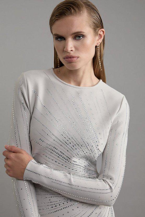 Karen Millen UK SALE Figure Form Bandage Knit All Over Embellished Mini Dress - grey