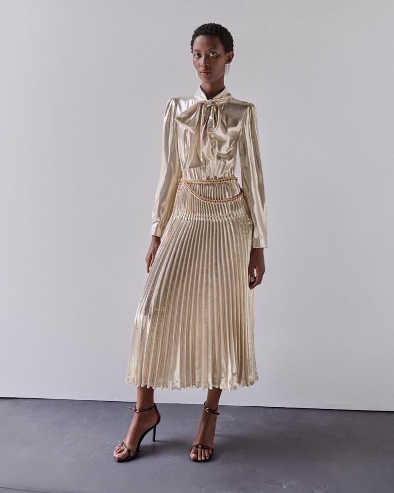 SP VIP PRICE Gold Metallic Tie Neck Midi Dress