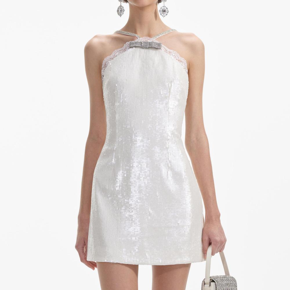 SELF PORTRAIT SS24 Cream Sequin Halter Mini Dress