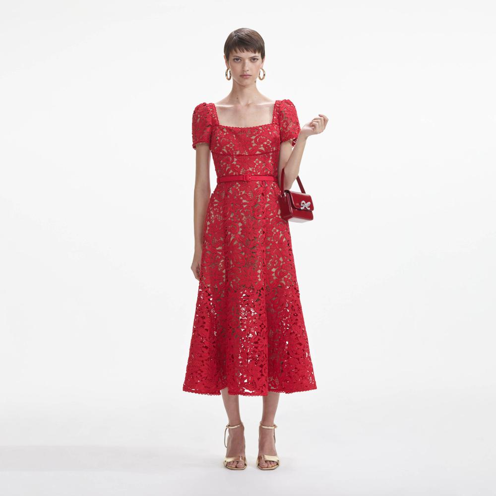 SELF PORTRAIT VIP SS24 Red Floral Lace Midi Dress