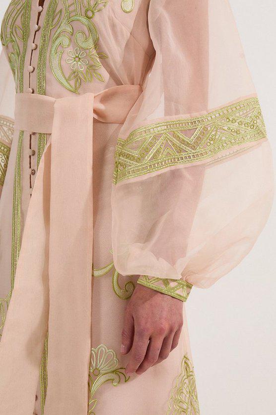 Karen Millen UK SALE Embroidered Organdie Balloon Sleeve Woven Maxi Dress - lime