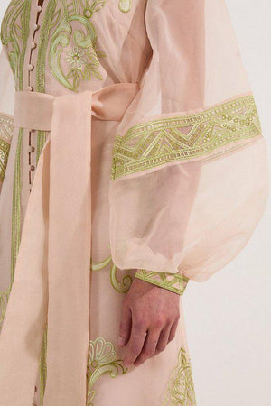 Karen Millen UK SALE Embroidered Organdie Balloon Sleeve Woven Maxi Dress - lime