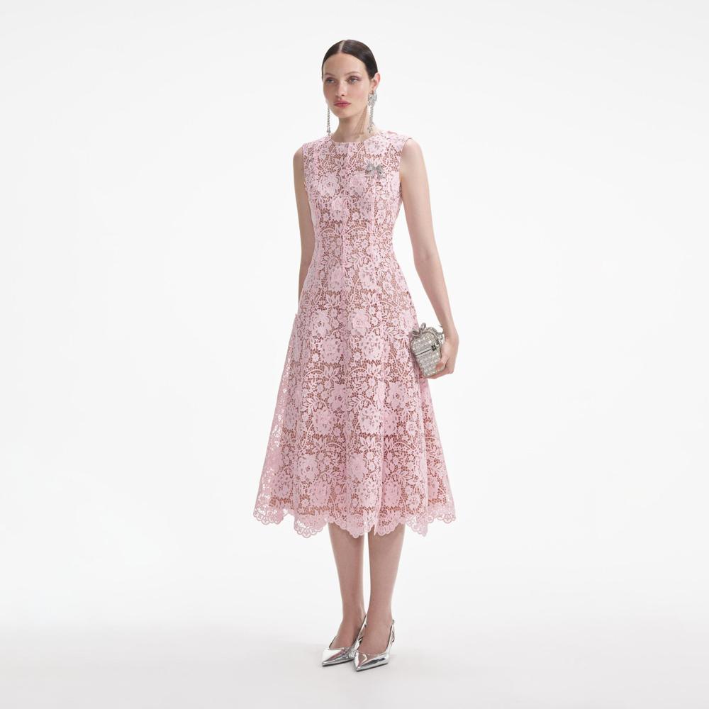 SELF PORTRAIT SS24 Pink Flower Lace Midi Dress