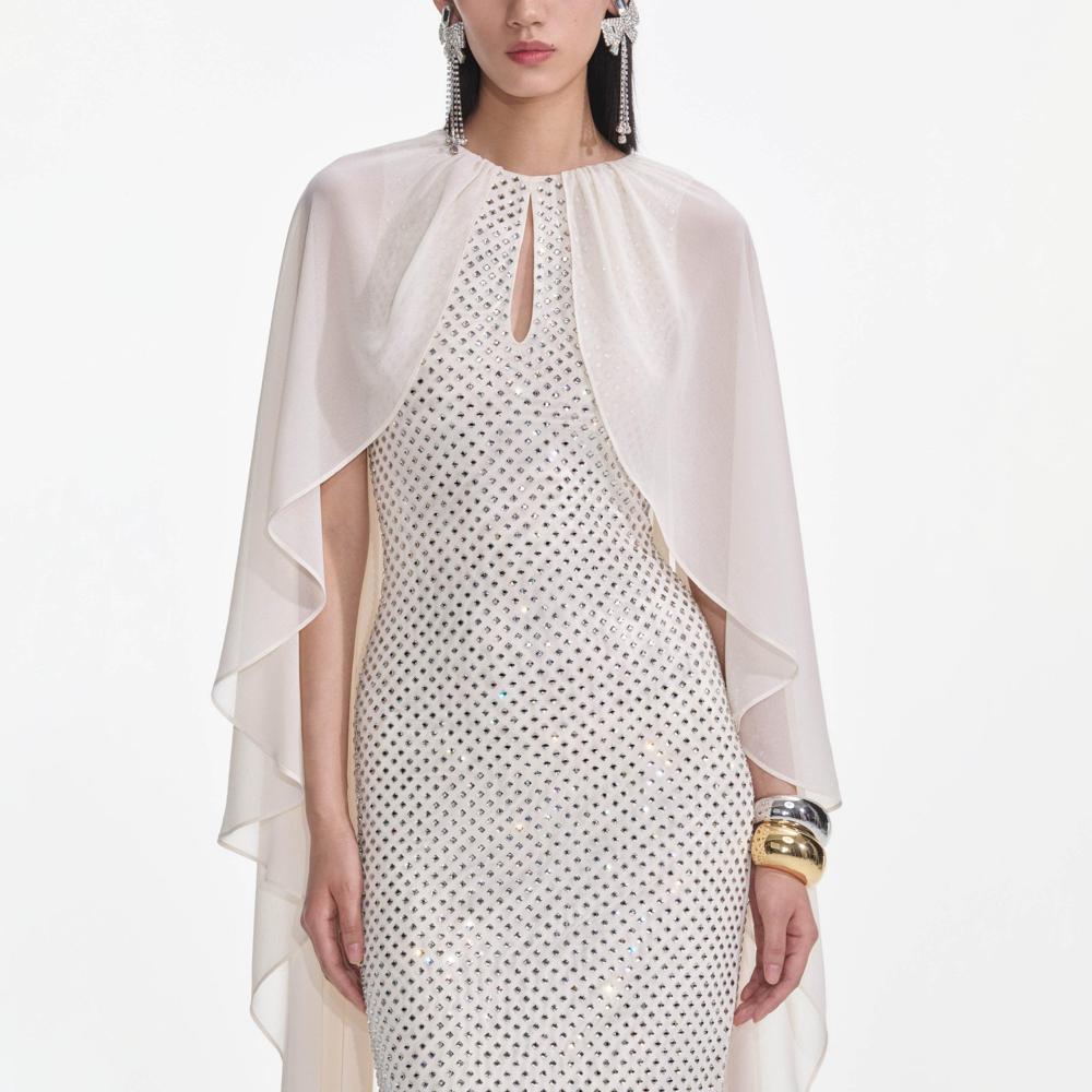 SELF PORTRAIT SS25 VIP PRICE Cream Rhinestone Cape Maxi Dress