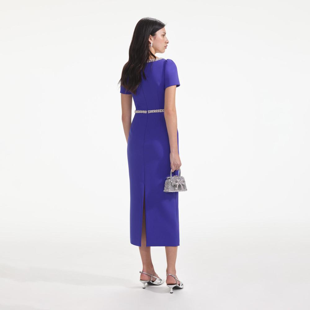 SELF PORTRAIT SS24 Blue Diamante Bow Trim Midi Dress