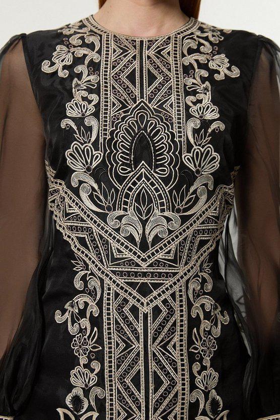 Karen Millen UK SALE Embroidered Organdie Balloon Woven Mini Dress - black