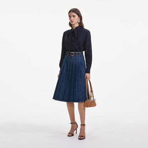 SELF PORTRAIT SS25 VIP PRICE Pleated Denim Midi Skirt