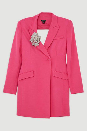 Karen Millen UK SALE Tailored Viscose Crystal Embellished Blazer Mini Dress - pink