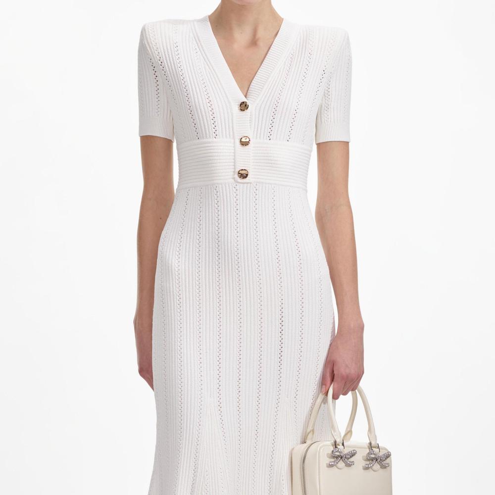 SELF PORTRAIT SS24 Cream Pointelle Knit Midi Dress