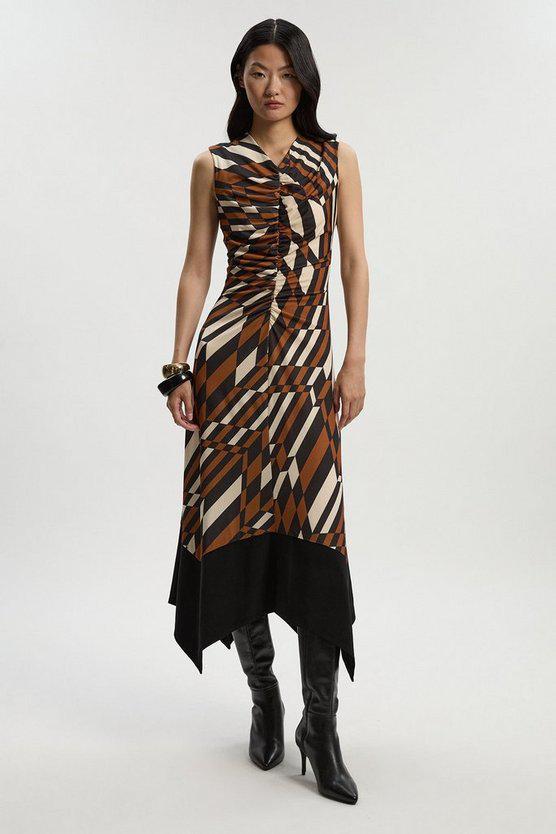 Karen Millen UK SALE Geo Printed Jersey Crepe Hanky Hem Maxi Dress