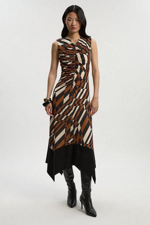 Karen Millen UK SALE Geo Printed Jersey Crepe Hanky Hem Maxi Dress