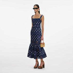 SP VIP PRICE Navy Polka Dot Linen Midi Dress