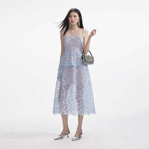 SELF PORTRAIT SS24 Blue Organza Lace Midi Dress