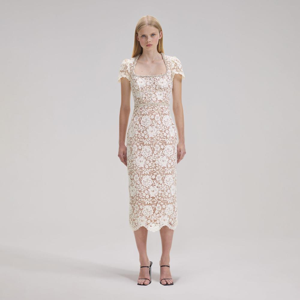 SELF PORTRAIT BLACK FRIDAY SALE Cream Cord Lace Diamante Midi Dress