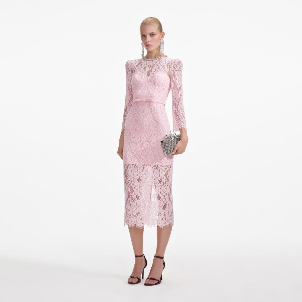 SELF PORTRAIT SS24 Pink Lace Bustier Midi Dress