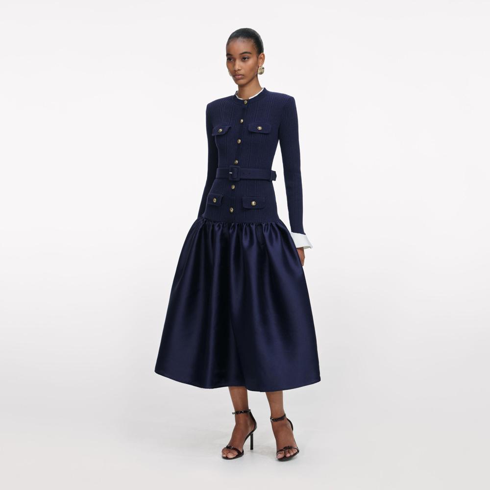 SP VIP PRICE Navy Knit Taffeta Midi Dress