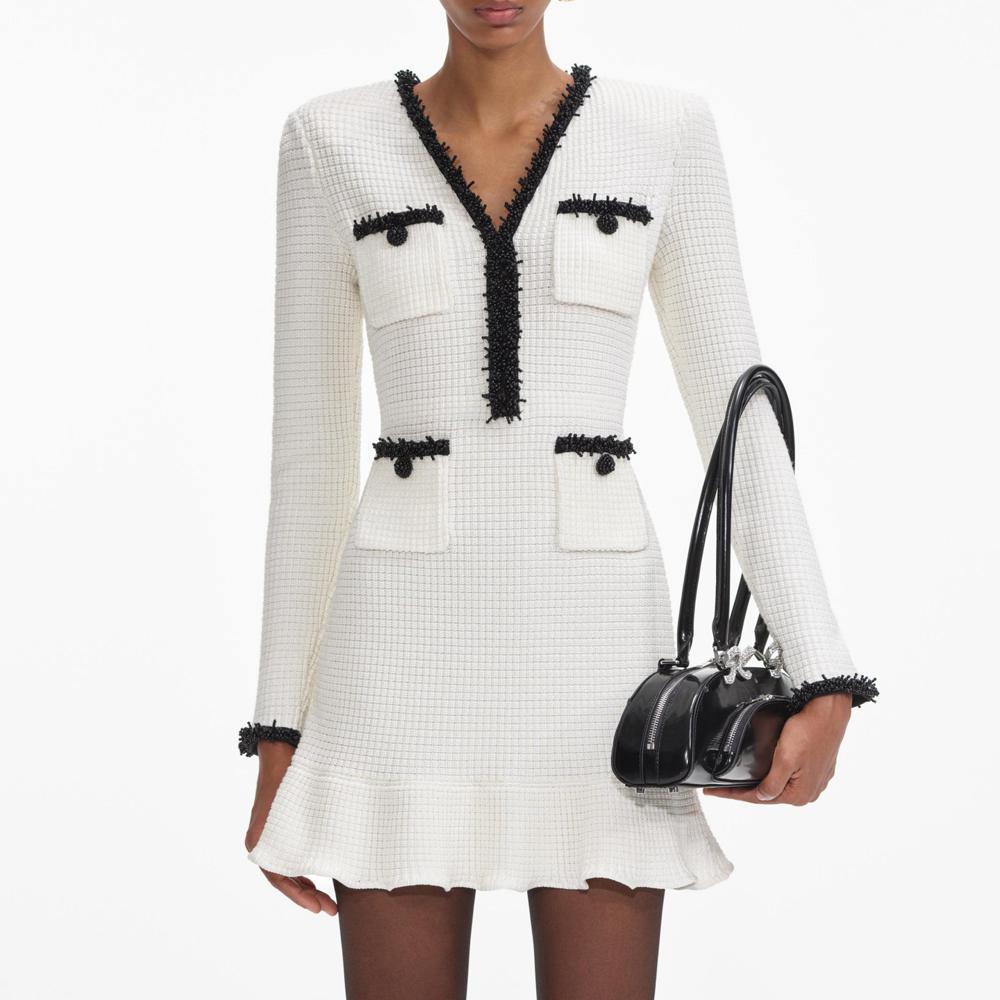 SELF PORTRAIT SS24 White Pearl Trim Knit Mini Dress