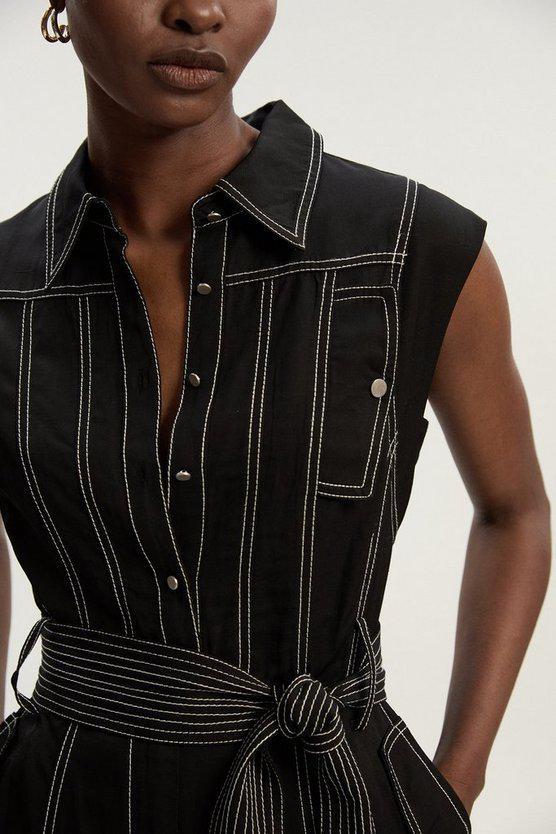 Karen Millen UK SALE Tall Premium Linen Twill Topstitch Woven Jumpsuit