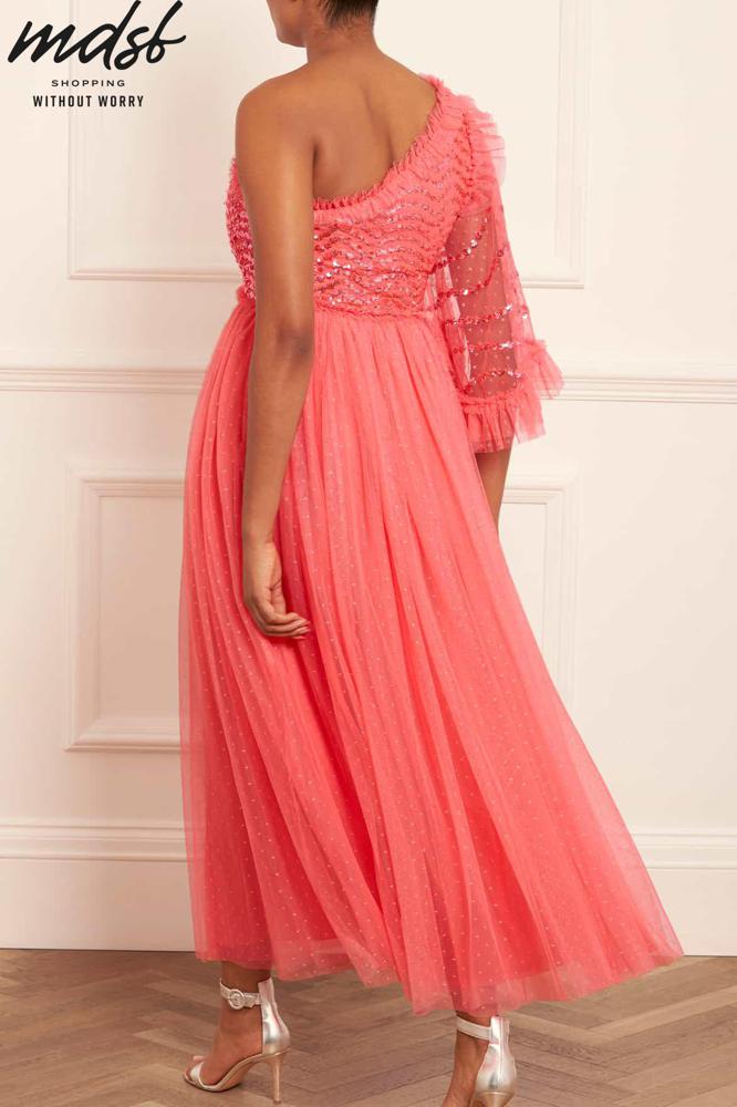 Needle & Thread CHRISTMAS SALE Shimmer Wave Bodice One-Shoulder Ankle Gown - pink