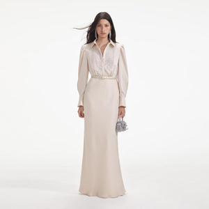 SELF PORTRAIT SS24 Cream Satin Embellished Bib Maxi Dress